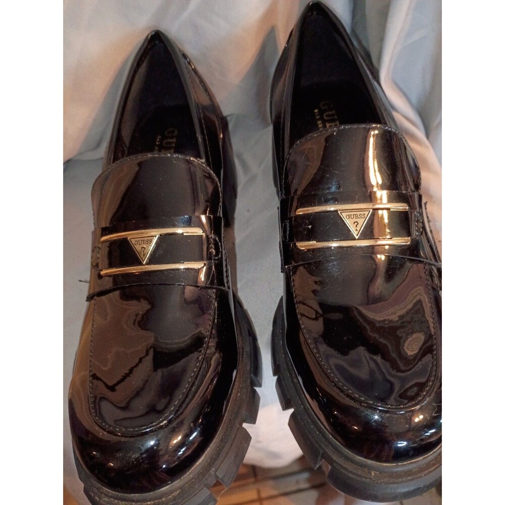 GUESS Women Loafers Size 7.5 Chunk Platform Black Faux Leather Gold Logo Slip On